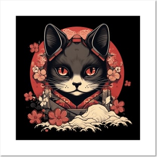 Black Cat Kawaii Japanese Anime Geisha Posters and Art